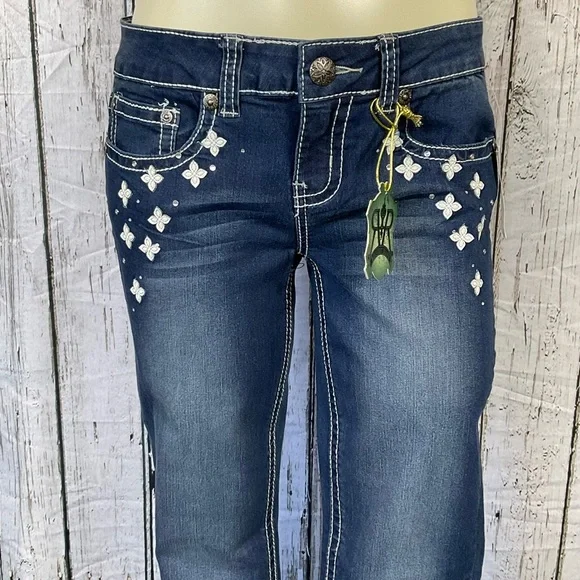 🎀HP🎀 Request Jeans Skinny Distressed Faded Jeans White Flowers & Stitching 9 - Picture 6 of 10